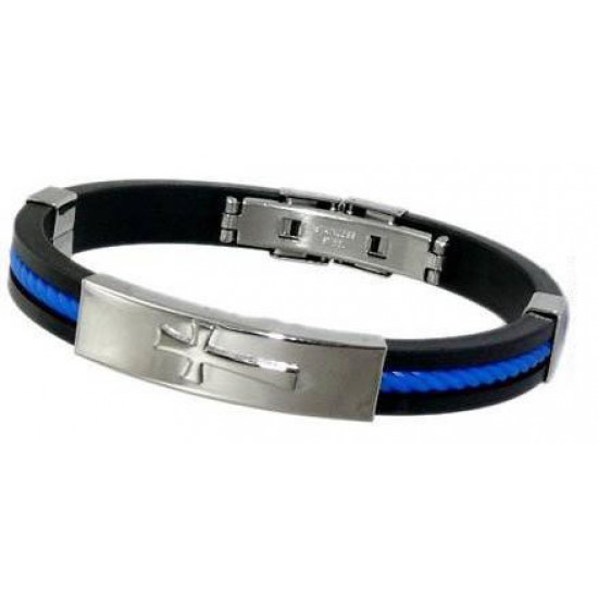 اسوارة مطاط أسود وأزرق رفيعة مع صليب معدني