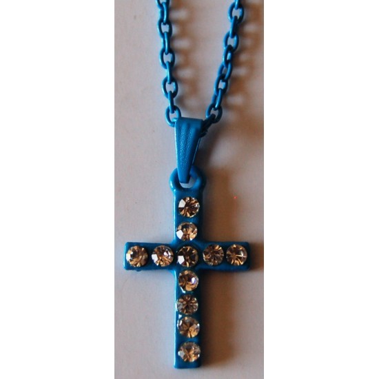 قلادة صليب مع سنسال معدني- لون أزرق  قلادة صليب مع سنسال معدني- لون أزرق