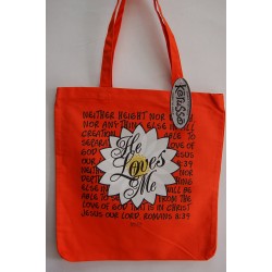حقيبة بناتي من قماش مع آيات إنجيلية بالإنجليزي (لون برتقالي- He loves me)