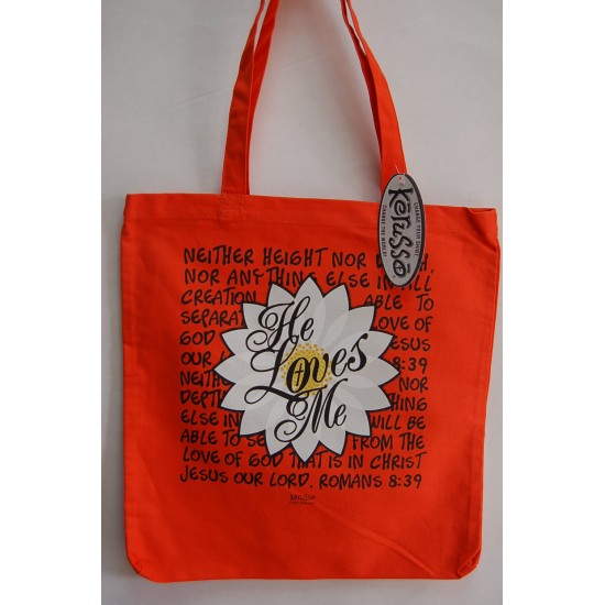 حقيبة بناتي من قماش مع آيات إنجيلية بالإنجليزي (لون برتقالي- He loves me)