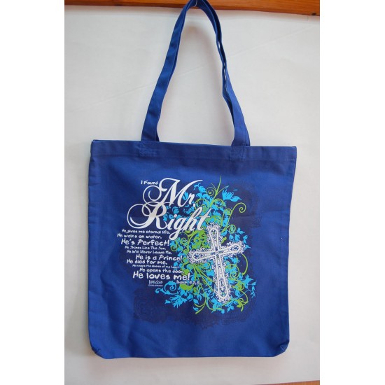حقيبة بناتي من قماش مع آيات إنجيلية بالإنجليزي (لون أزرق نيلي-I found Mr. Right)